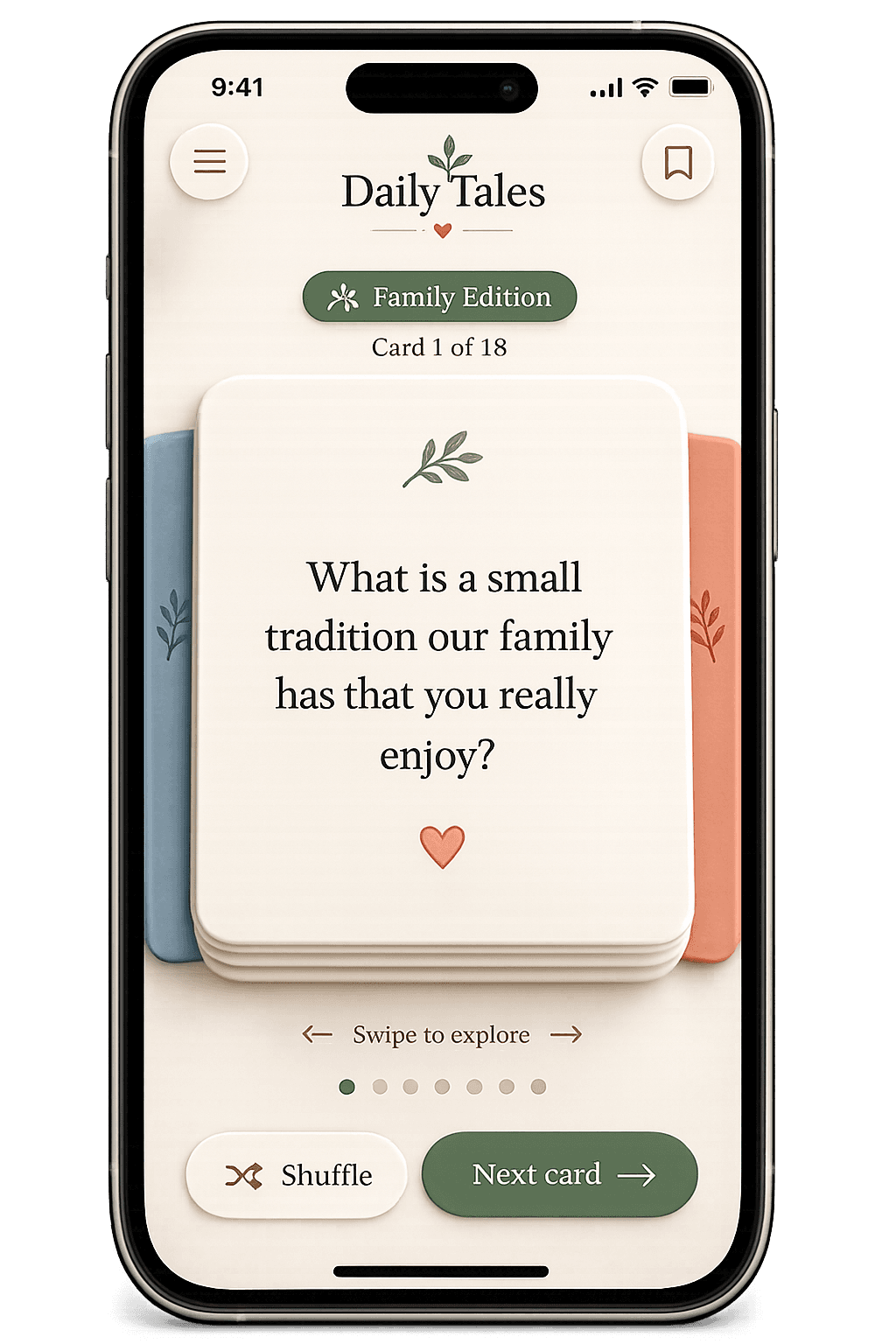 Daily Tales app preview showing a family conversation card